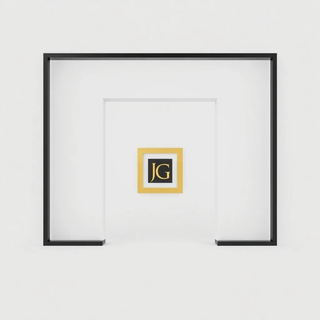 Puerta geométrica en blanco con rectángulo negro y cuadrado dorado; evoca claridad. Que empresas ofrecen el mejor servicio de reparacion de persianas en Barcelona.