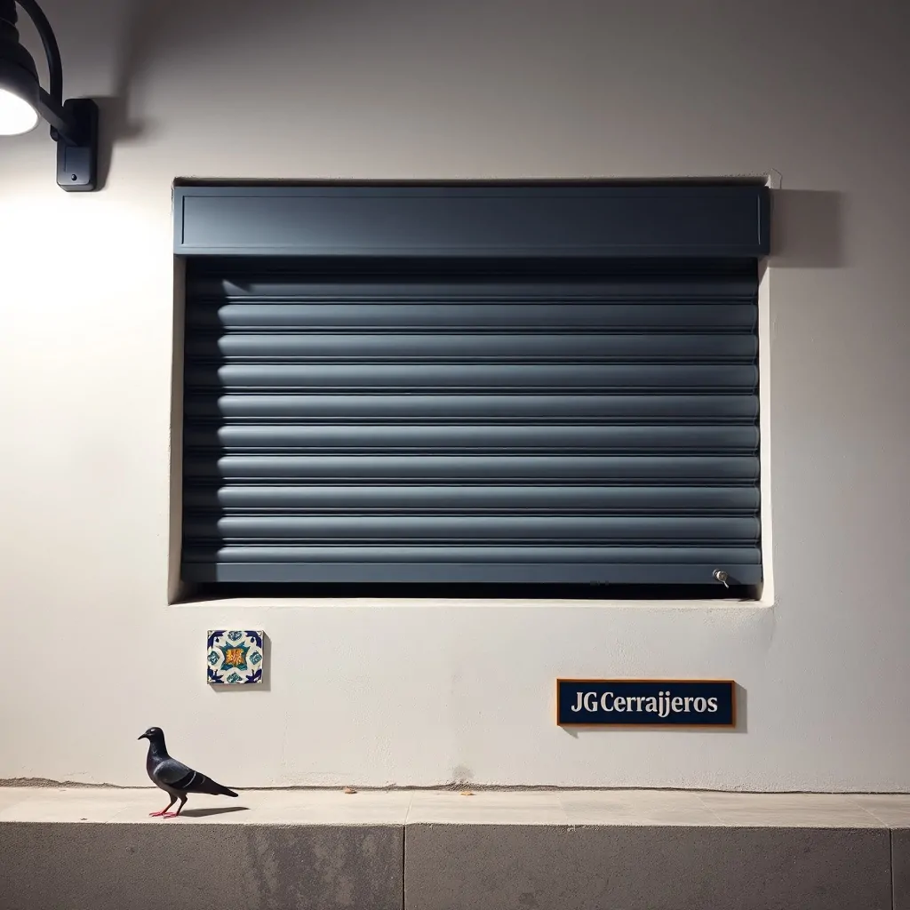 Persiana metálica cerrada en fachada de estuco, con paloma en el alféizar; pregunta: "¿Qué persianas son más recomendadas para seguridad en Barcelona?