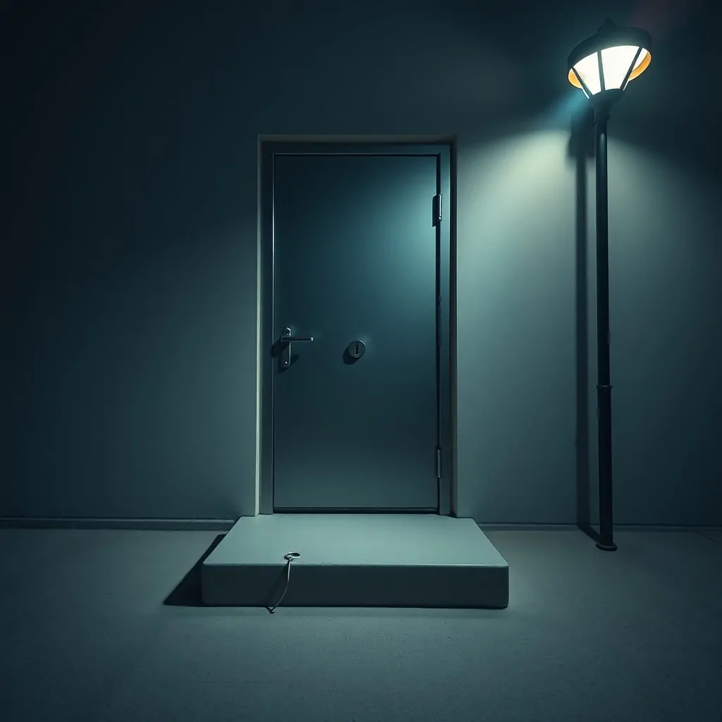 Puerta de metal mate en un campo de concreto, con un llavero circular y un lockpick. Donde puedo contratar un servicio urgente de apertura de puertas en Hospitalet de Llobregat.