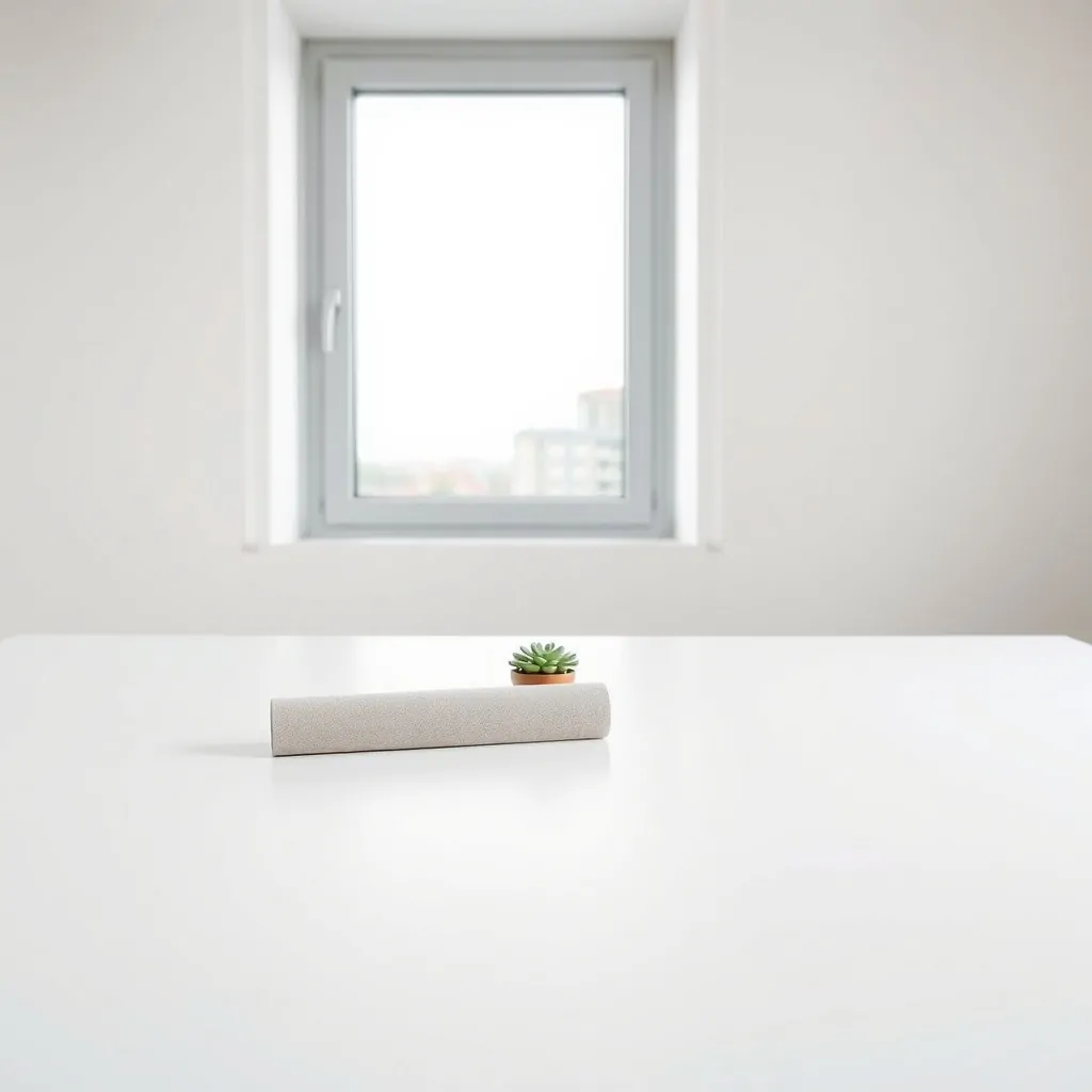 Una lamas de persiana de aluminio rota y un cilindro de tela sobre una mesa blanca, con un suculenta y ventana de fondo. Que alternativas hay para reparar persianas metalicas en Hospitalet de Llobregat.