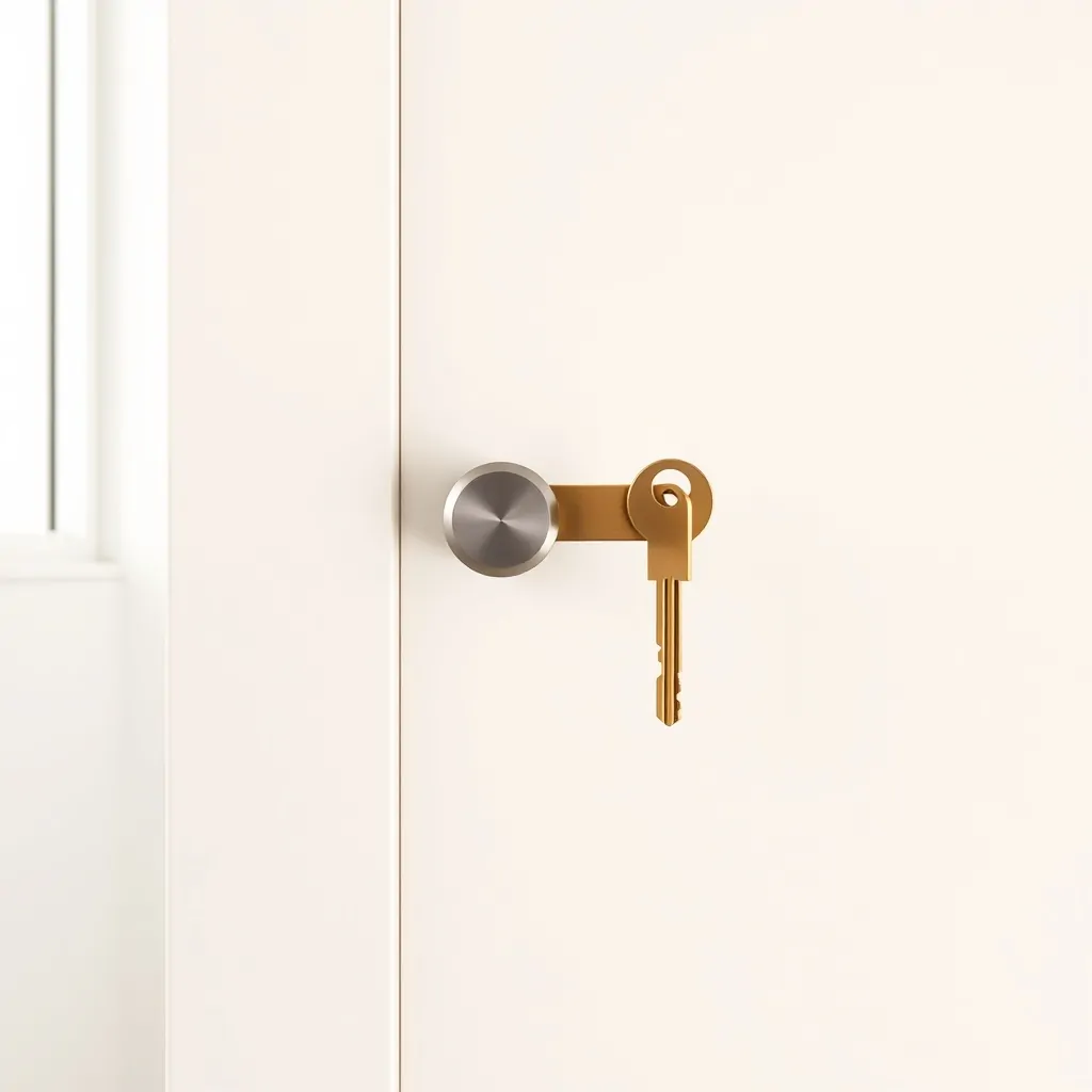 Cerradura euro de acero mate y llave de latón en un fondo suave, evocando el mejor servicio de cerrajería en Hospitalet de Llobregat.