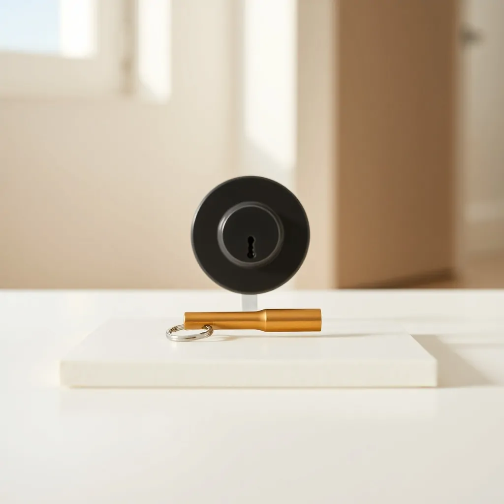 Composición Bauhaus con un cilindro de cerradura y una llave de bronce sobre un plano blanco, evocando servicios de cerrajería.