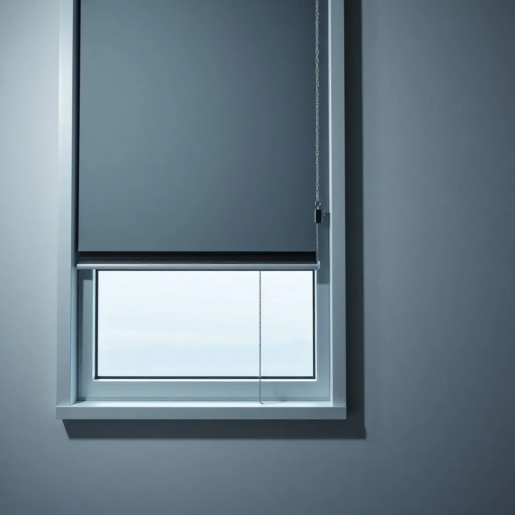 Lámina de persiana comercial en ángulo, con sombra dura; busca "Donde contratar la reparacion de persianas comerciales de forma urgente".