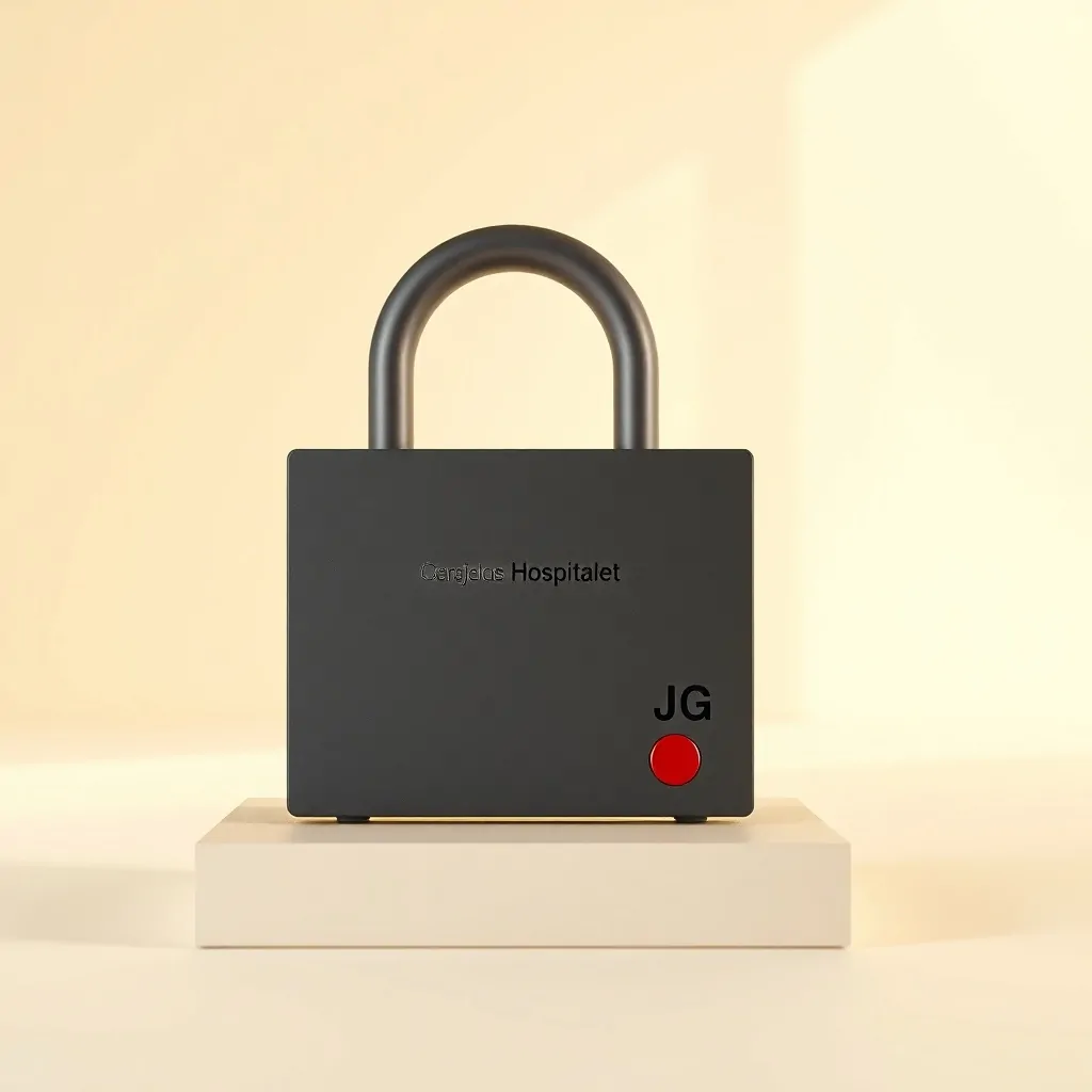 Un candado geométrico en una plataforma sobre un fondo crema, simbolizando "Donde puedo encontrar cerrajeros que ofrezcan cambio de cerraduras a buen precio en Hospitalet".