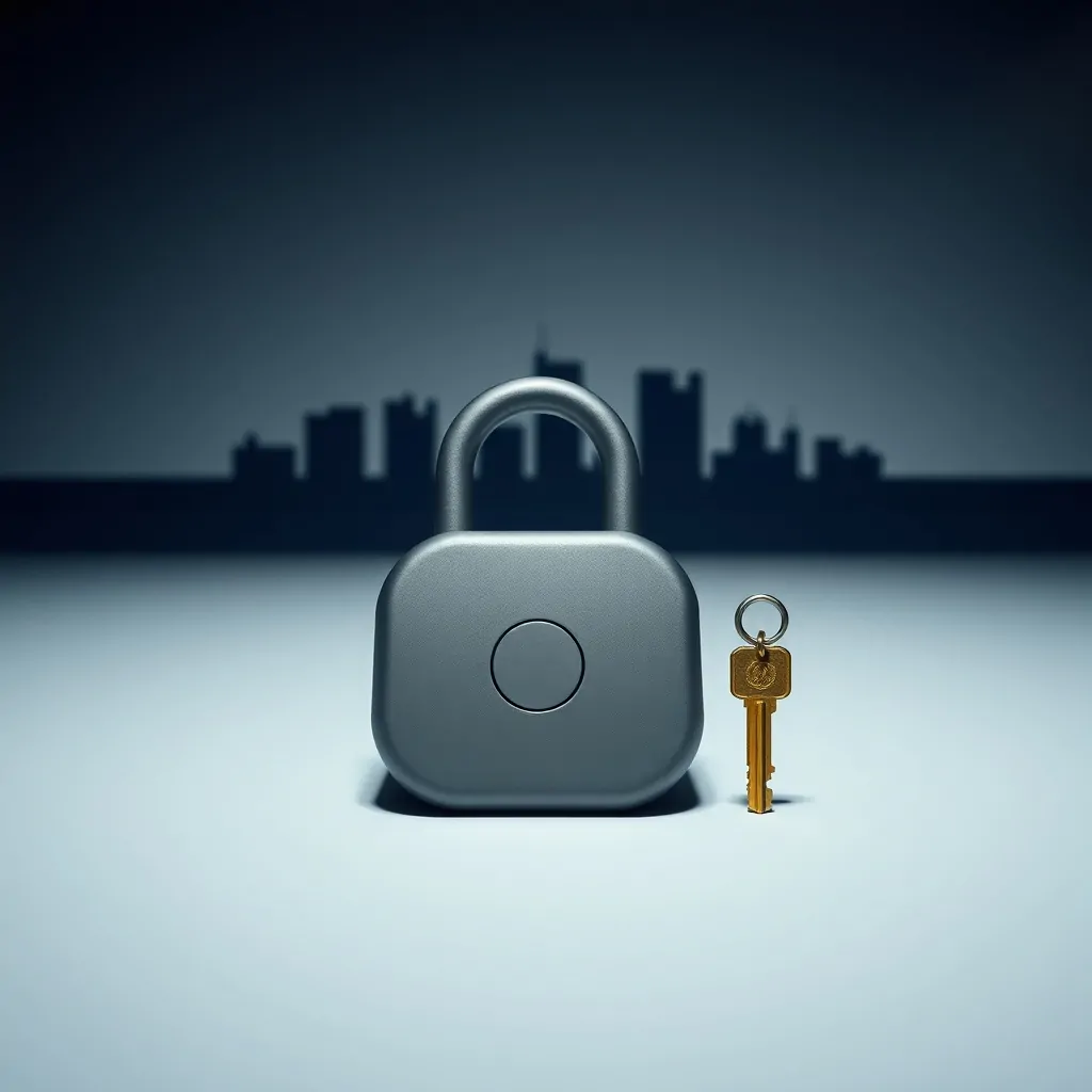 Un candado geométrico y una llave flotante sobre un fondo gris, evocando urgencia en Hospitalet de Llobregat.