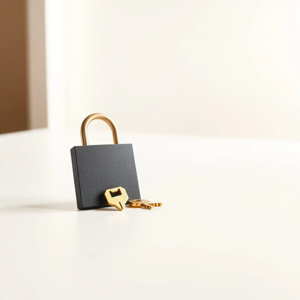 Composición minimalista con una llave de latón y un candado de pizarra, fondo difuso de la silueta de Hospitalet de Llobregat. Cuales son los servicios mas recomendados de cerrajeria en Hospitalet de Llobregat.