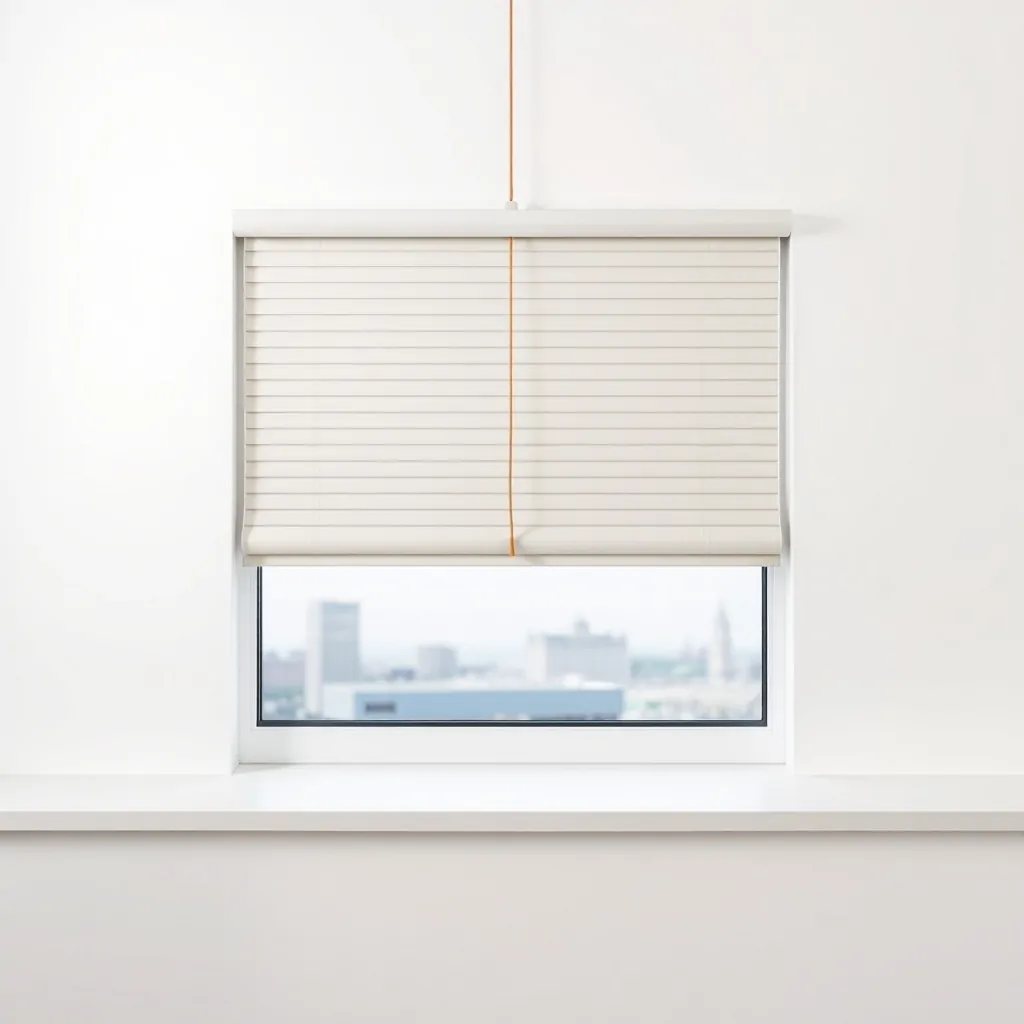 En un fondo blanco, una persiana geométrica con un cordón ochre sugiere movimiento, destacando la ciudad de Hospitalet de Llobregat. Cuales son los mejores servicios de reparacion de persianas en Hospitalet de Llobregat.