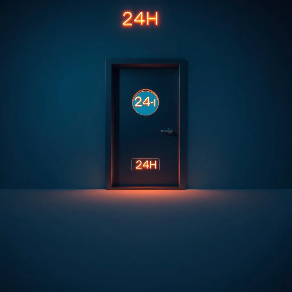 Puerta de acero mate con un letrero "24H", en un ambiente nocturno que sugiere servicios de apertura de puertas las 24 horas en Hospitalet de Llobregat.