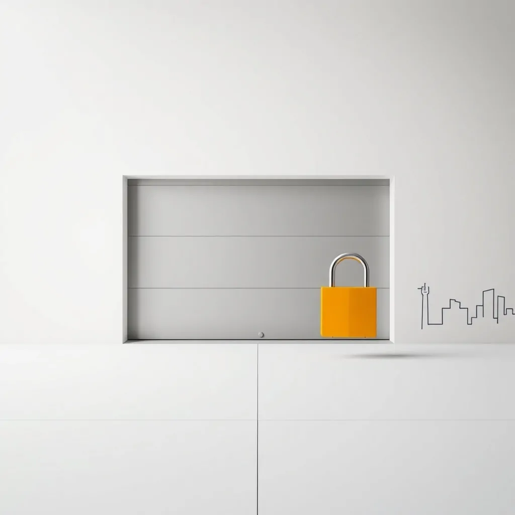 Panel de garaje geométrico gris con candado amarillo-naranja, fondo de Hospitalet; ideal para "Cuales son los mejores servicios de cerrajeria en Hospitalet para reparación de puerta de garaje".