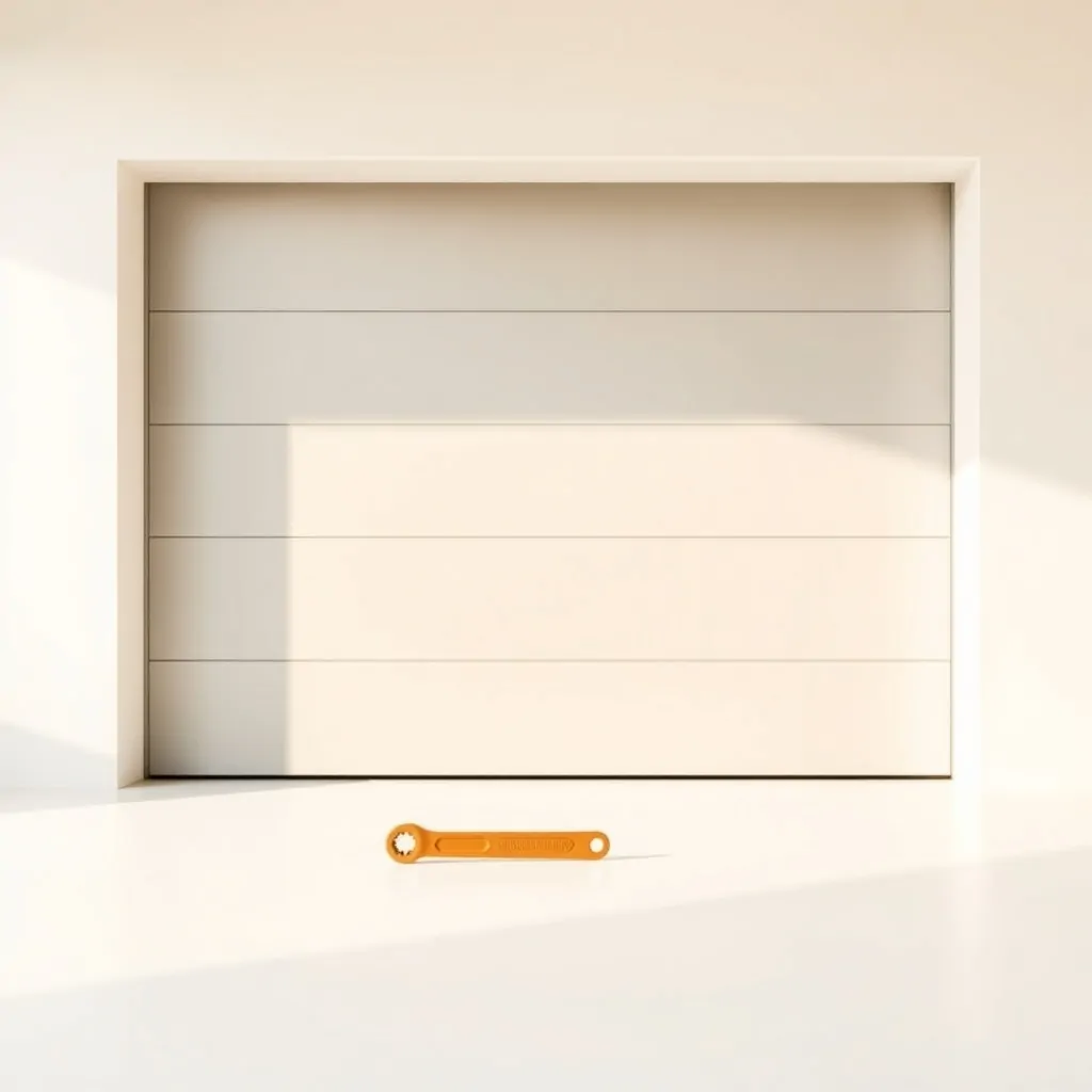 Panel de puerta de garaje azul con una llave inglesa amarilla, evocando confianza en servicios de reparación en Hospitalet.