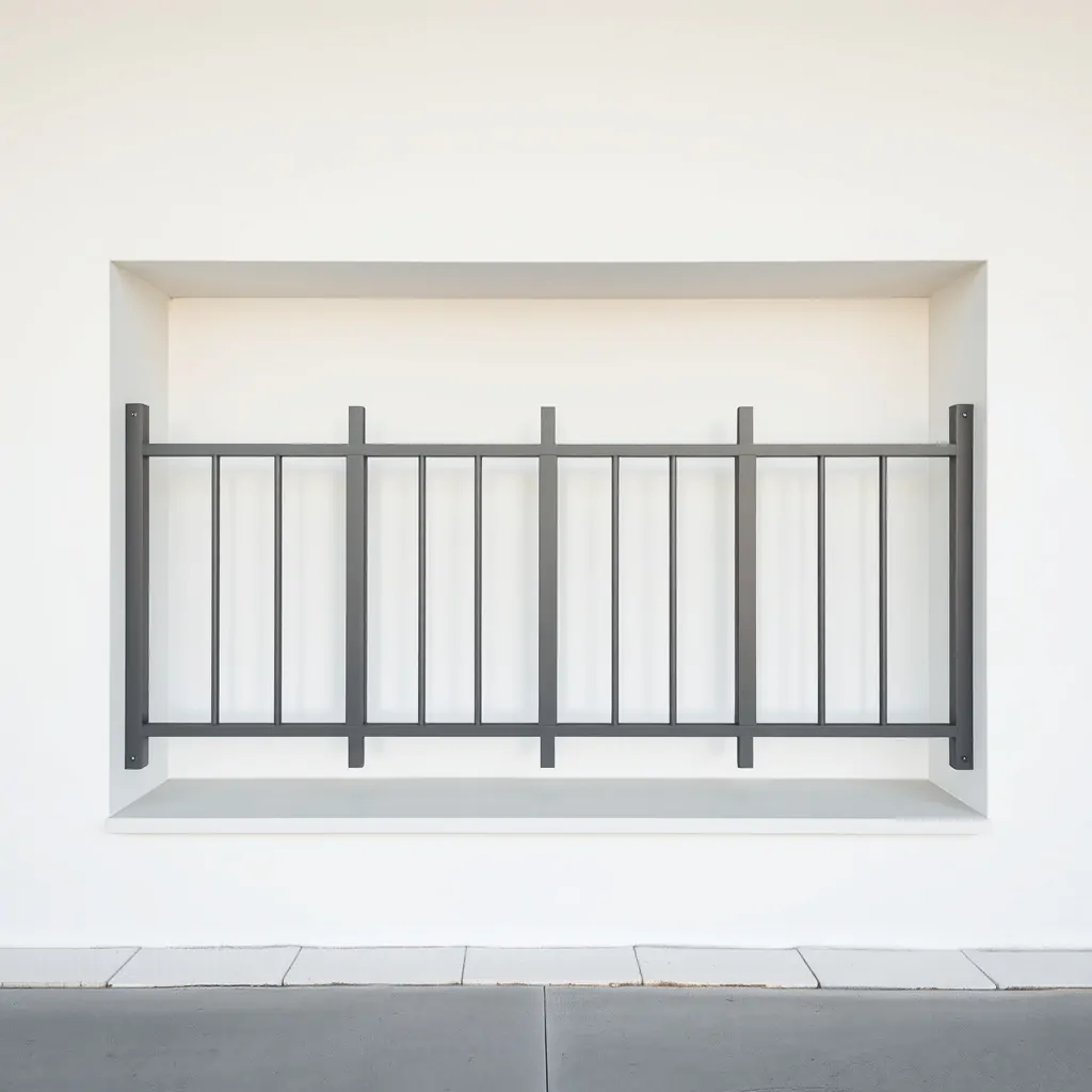 Reja de seguridad de acero mate en una fachada blanca, muestra un diseño geométrico y seguro. Cuales son las rejas de ballesta mas seguras para instalaciones en Hospitalet de Llobregat.