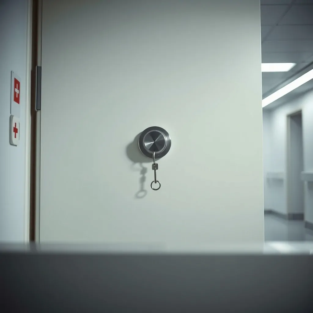 Puerta de hospital minimalista con cerradura y llave centradas, fondo oscuro; busca "Donde puedo encontrar servicios de cerrajeria de emergencia para apertura de puertas en Hospitalet".