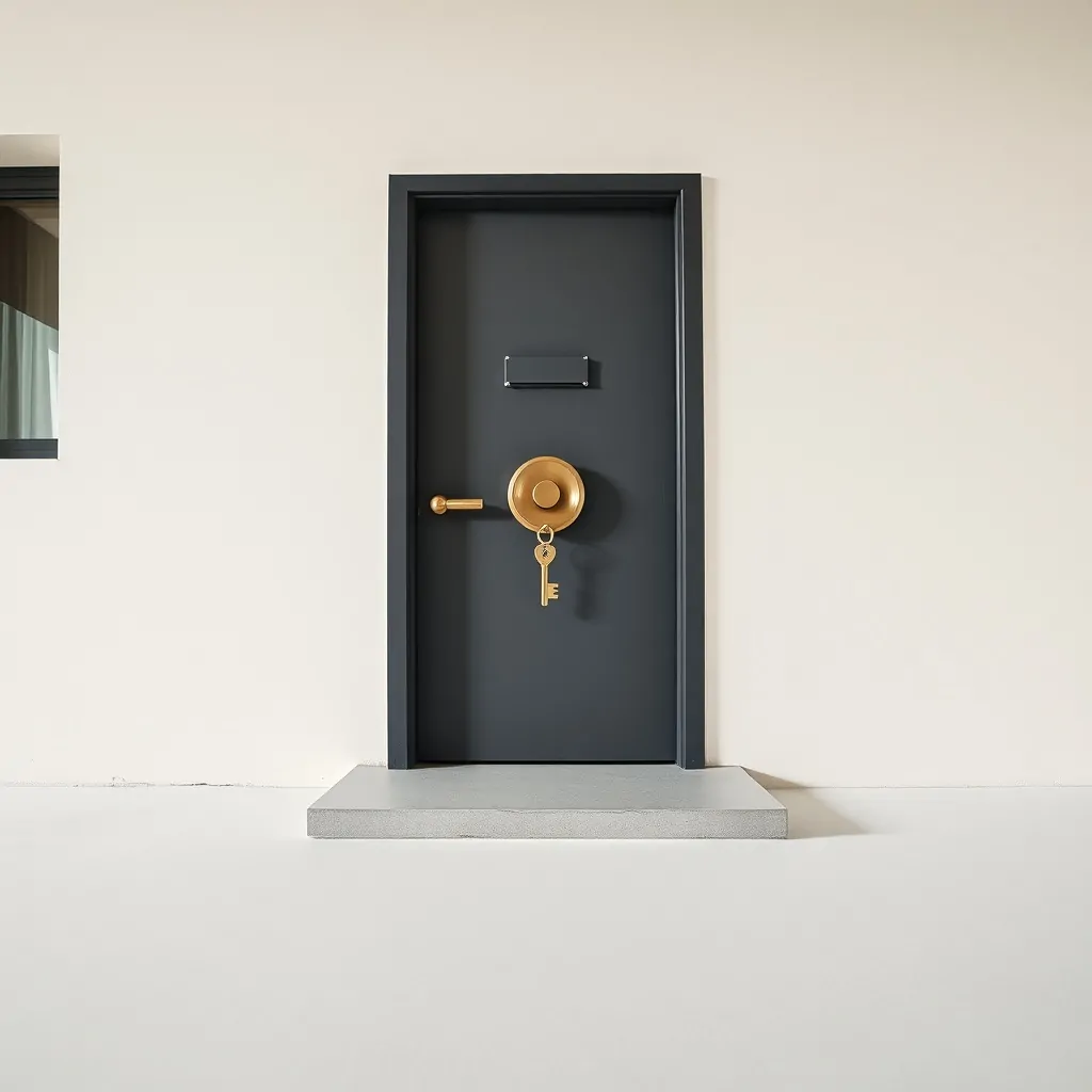 Puerta geométrica gris con cerradura circular y llave de latón sobre umbral de concreto; ideal para servicios de cerrajería en Hospitalet.