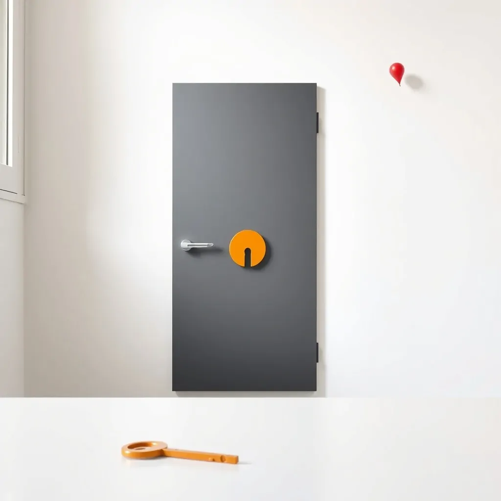 Composición minimalista con una puerta geométrica y una llave, representando "Donde cambiar cerraduras de forma segura en Hospitalet de Llobregat".