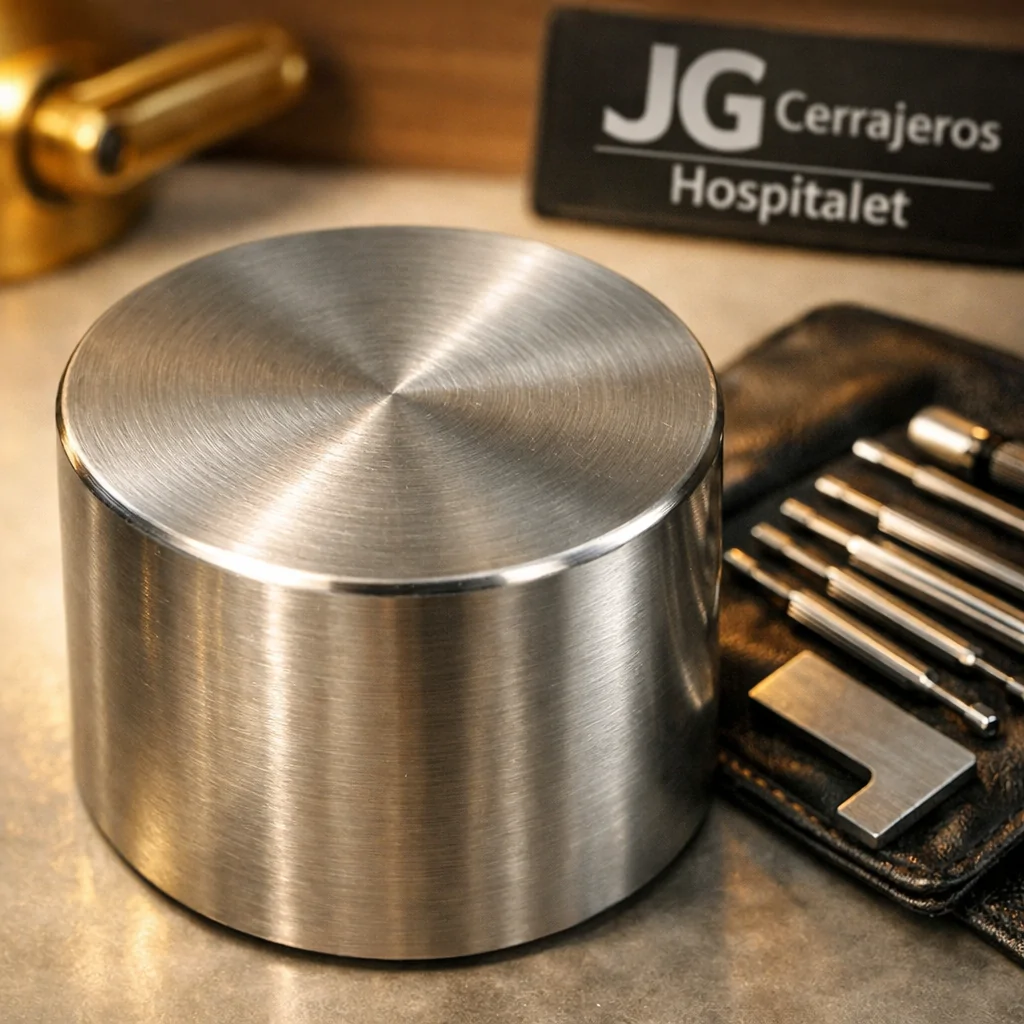 Macro de un cilindro de cerradura de euro en una puerta, con herramientas y un ambiente profesional en Hospitalet de Llobregat. Que servicios de cerrajeria se recomiendan para el cambio de cerraduras en Hospitalet de Llobregat.