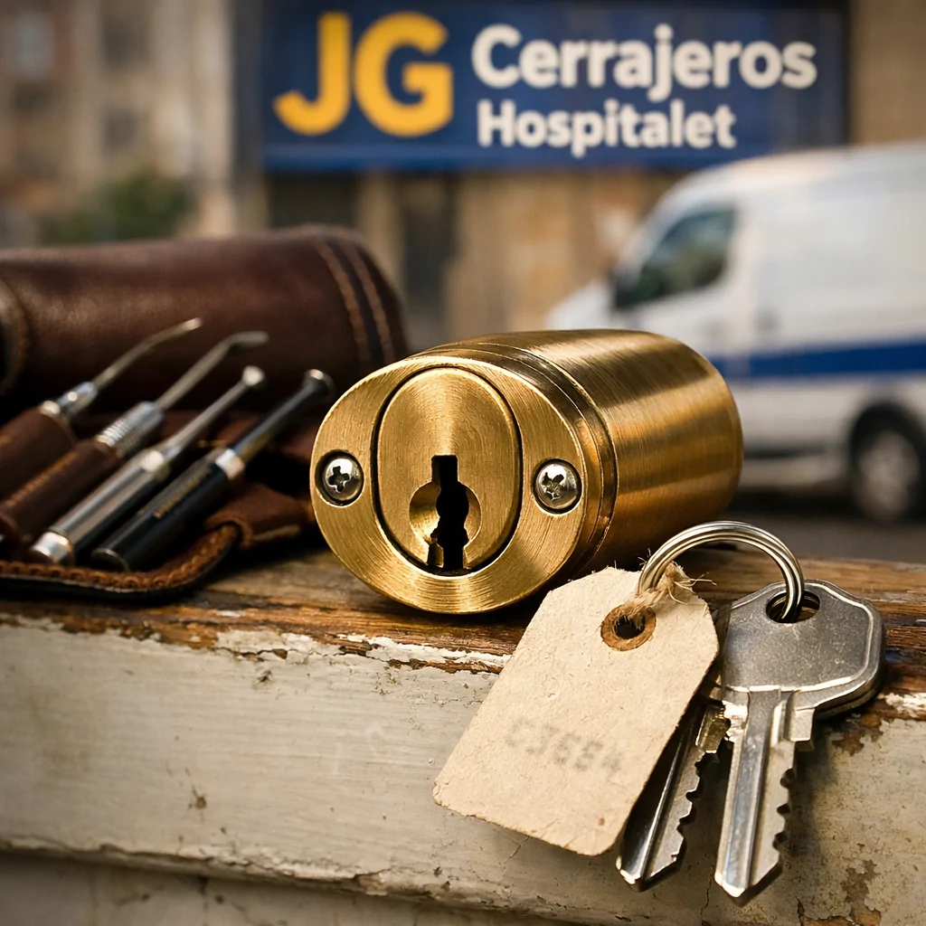 Cerradura de cilindro de latón en una puerta, herramientas de cerrajero y una furgoneta en Hospitalet de Llobregat.