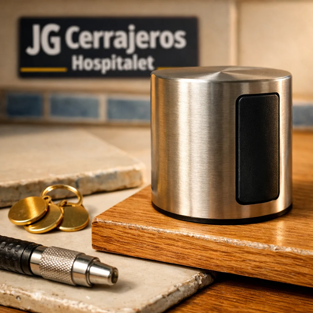 Un cerrajero instala una cerradura inteligente en una puerta de roble en Hospitalet de Llobregat, mostrando destreza. Que servicios de cerrajeria son mas recomendados en Hospitalet de Llobregat.